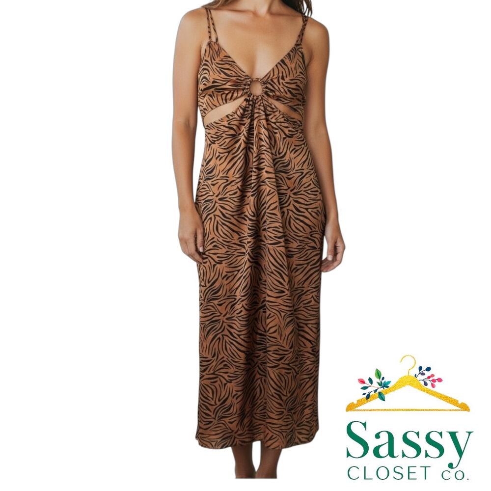 ✨ ZARA Animal Print Cutout Midi Dress M Tortoise Ring Resort EUC 🐆